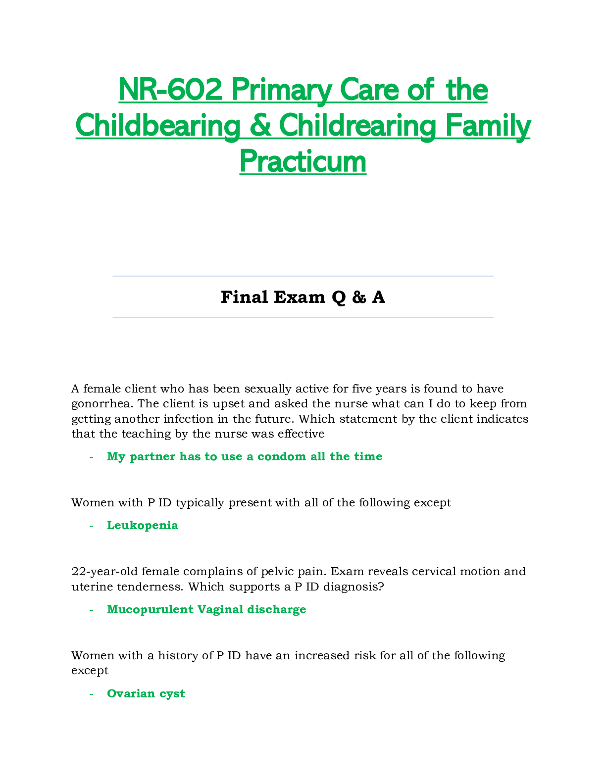 Preview of NR602 / NR-602 Final Exam Q & A (Latest): Primary Care of the Childbearing & Childrearing